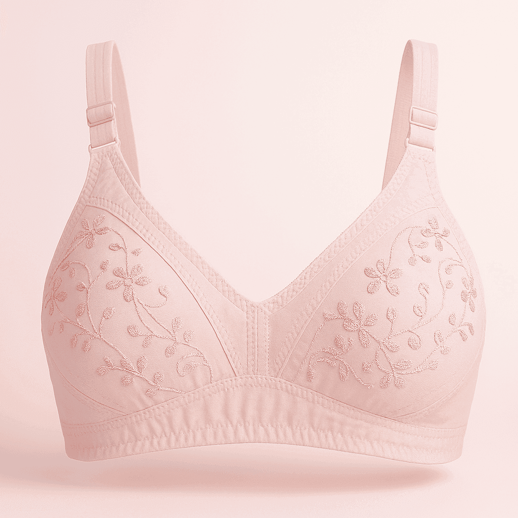 01 PCs Cotton Embroidered Chikan Bra for Women – Soft Breathable Fabric, Floral Design, Adjustable Straps, 2-Hook Closure, Daily Wear