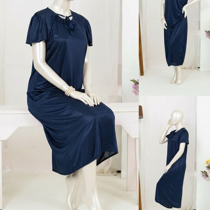 1 Pc Silk Satin Bow Tie Maxi Night Dress – Elegant Short Sleeve Women Nighty Free Size SKU-R130