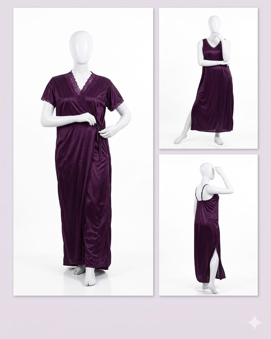 2 Pcs Premium Silk Lace Women's Sleepwear Set Inner & Gown Nightwear (Size Free)
