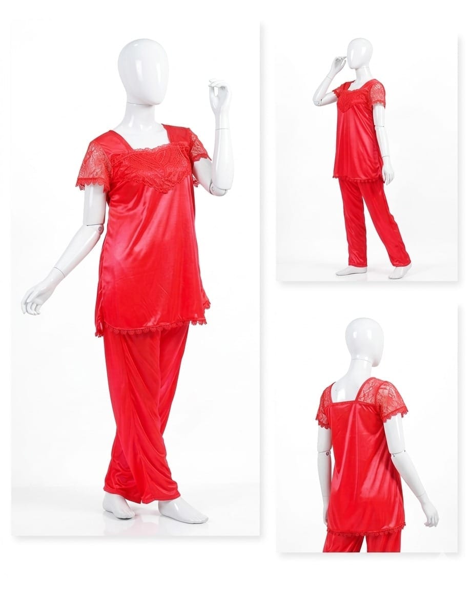 2 Pcs Premium Silk Lace Women's Sleepwear Set T-Shirt & Trouser Nightwear (Free Size)