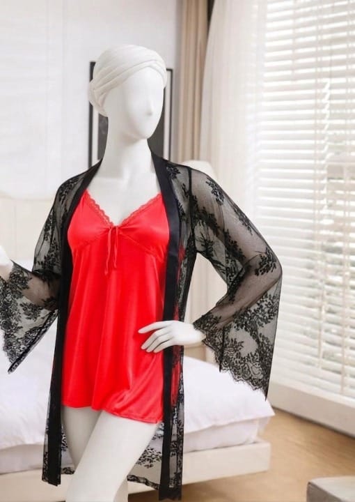 2-Piece Women's Sleepwear Set – Camisole, Shorts & Lace Gown Soft Satin Nightwear Free Size