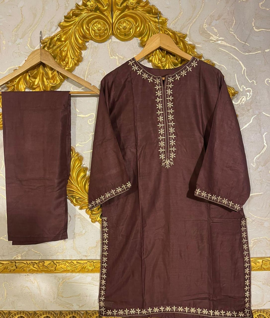 2pcs Stitched Suits 2 Pcs Elegant Women's Stitched Embroidered Linen Shirt And Trouser