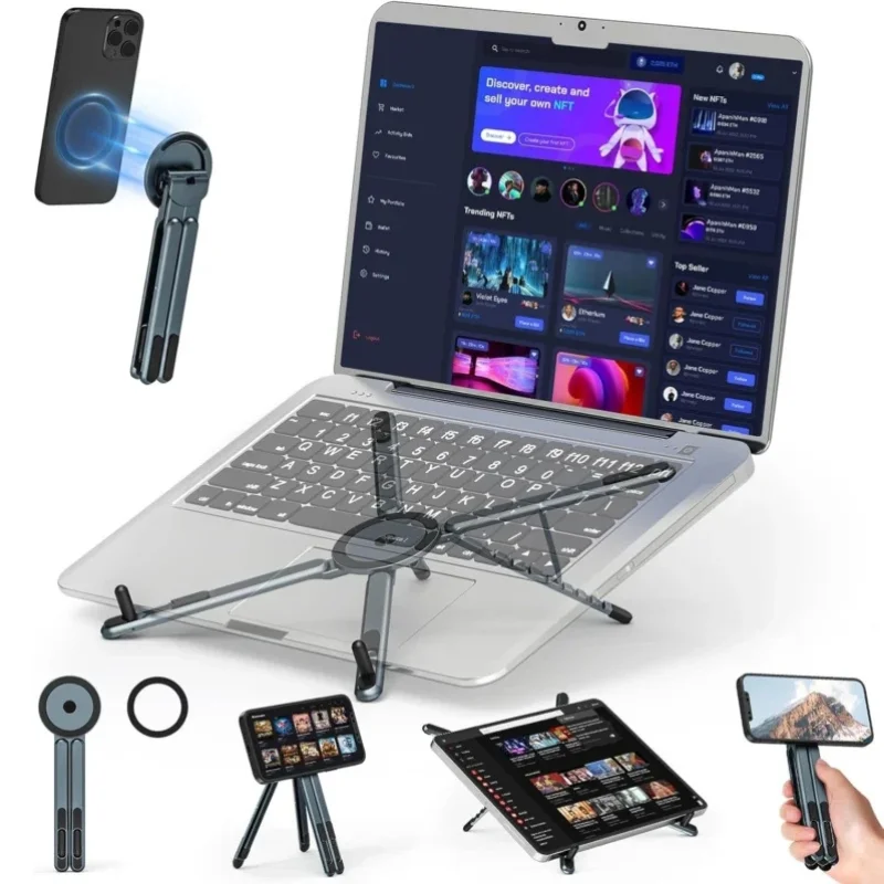 3-in-1 Magnetic Foldable Stand |Model K001 | Aluminum Alloy Phone laptop & Tablet Holder | 8-Level Adjustable Height | 360° Rotating Base | Portable Travel Stand