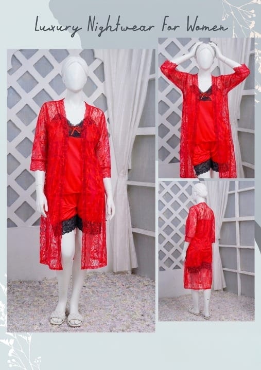 3 Pcs Luxurious Silk & Net Black Lace Women's Sleepwear Set Top Short & Gown Nightwear (Free Size)