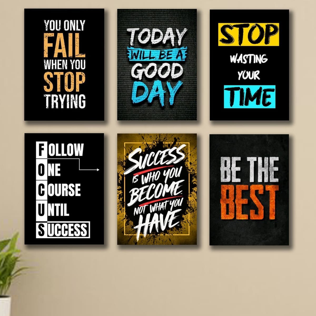 6 PC Success Motivational Quote Wall Decor Cardboard Phototiles Elegant And Inspiring Decorative Home And Office Art