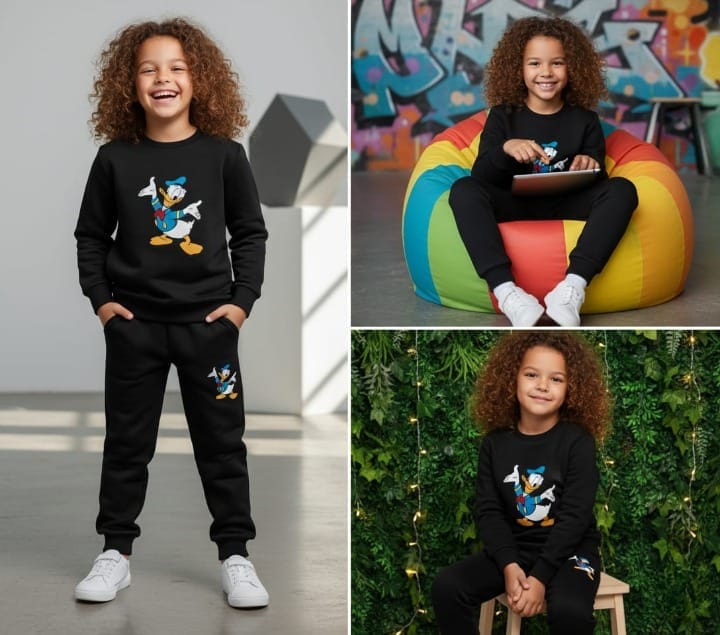 Black Duck Printed Kids Tracksuit | Winter Fleece Sweatshirt & Trouser Set – Warm, Soft & Stylish Garments for Boys & Girls FOR BABY AND KIDS