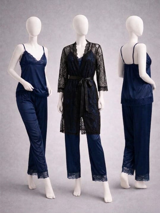 Elegant 3-Piece Women's Nightwear Set – Silk Cami, Pyjamas & Lace Robe (Free Size)