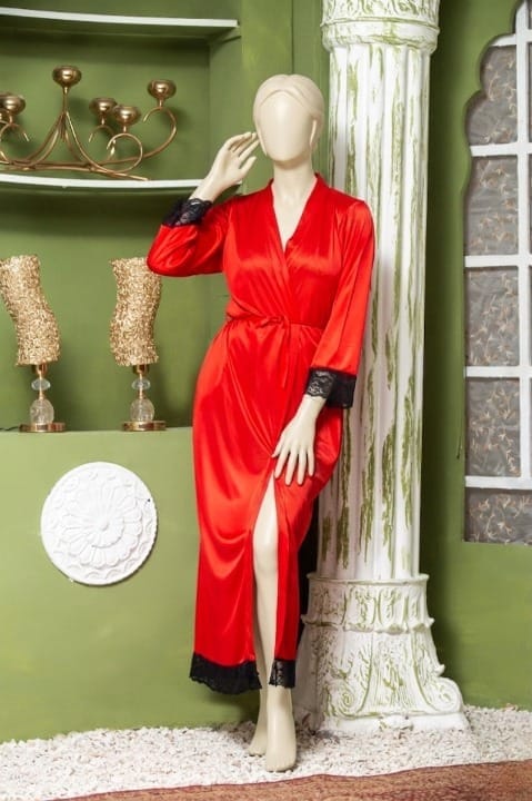 Elegant Luxury Silk Night Gown with Delicate Lace Trim - Comfortable Sleepwear for Women Free Size - Sku : R-016