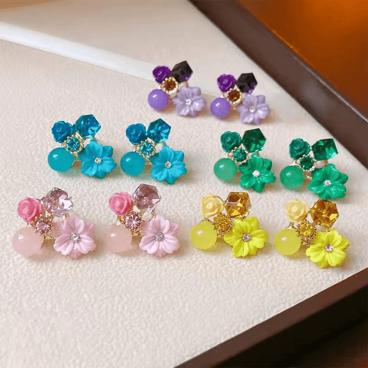 Flower Crystal Korean Earrings – Elegant Women’s Fashion Jewelry in Multiple Colors (Black, Blue, Red, Yellow, Green, Sky Blue, Purple, Light Pink, Dark Pink (AXT-104) - View 2