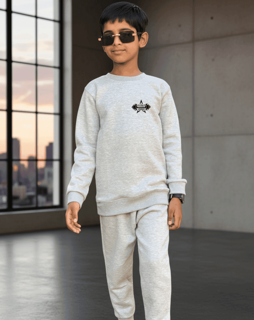 Grey Printed Fleece Winter Kids Tracksuit | Warm Sweatshirt & Trouser Set for Boys & Girls – Soft, Cozy & Stylish OutfitFOR BABY AND KIDS