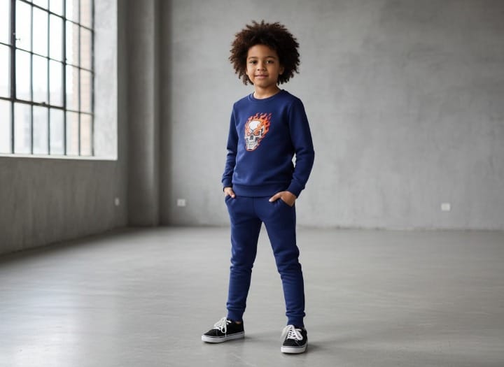 Kids Navy Blue Ghost Skull Printed Tracksuit Set | Winter Fleece Sweatshirt & Trouser Outfit for Boys & Girls – Warm, Trendy & Cool | FOR BABY AND KIDS