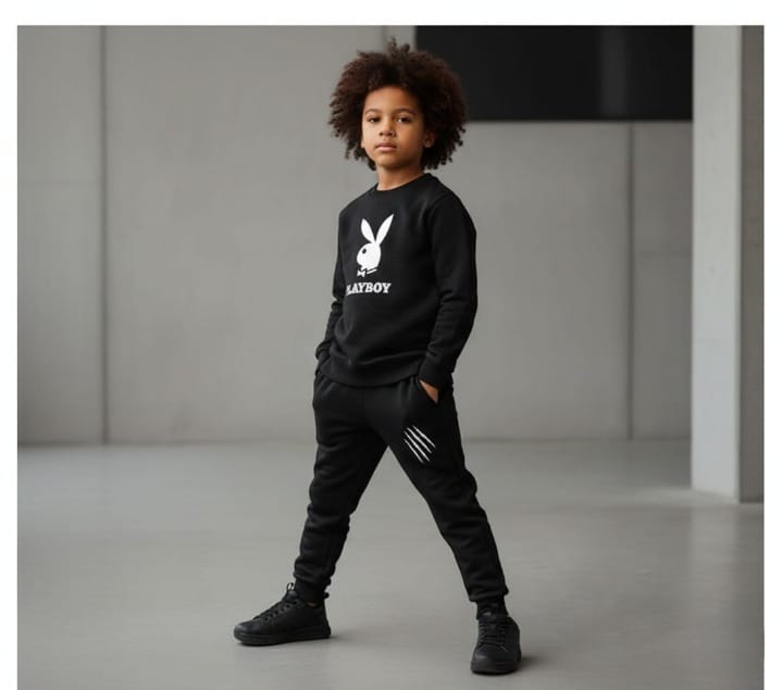Kids PLAYBOY Printed Stylish Black & Black Tracksuit Set | Winter Fleece Sweatshirt & Trouser Outfit for Boys & Girls – Warm & Trendy FOR BABY AND KIDS