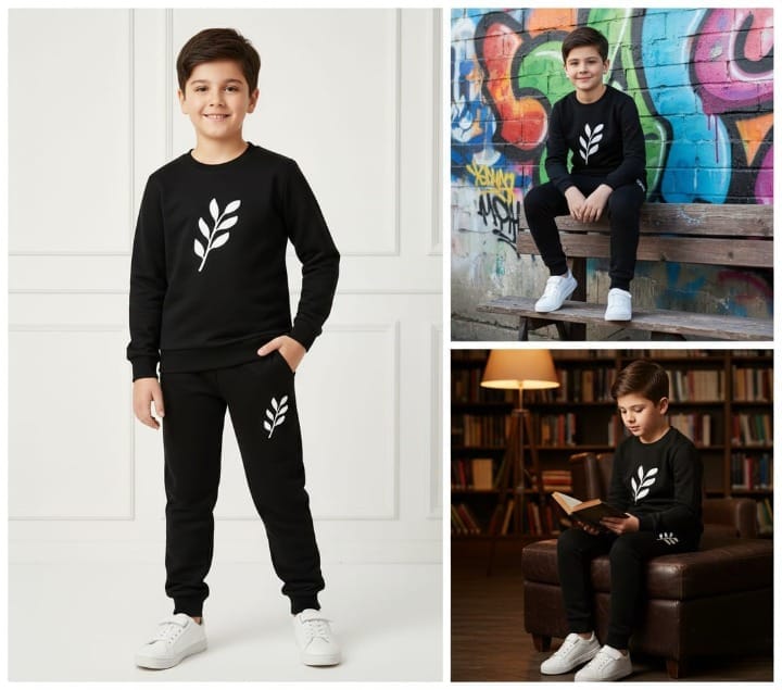 Kids Printed Stylish Black & Black Tracksuit Set | Winter Fleece Sweatshirt & Trouser Outfit for Boys & Girls – Warm & Trendy FOR BABU AND KIDS