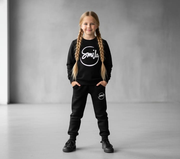 Kids SMILE Printed Stylish Black & Black Tracksuit Set | Winter Fleece Sweatshirt & Trouser Outfit for Boys & Girls – Warm & Trendy FOR BABY AND KIDS