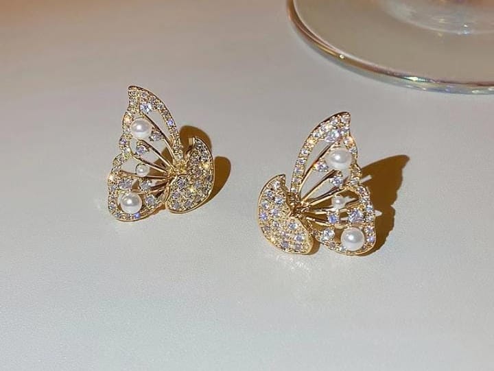 Korean Zircon And Pearl Butterfly front back earrings | Luxury Look Artificial Earrings | Girls Earrings | Women Earrings