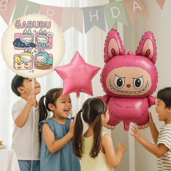 Labubu Theme Foil Balloon Set – 5 Pcs Birthday Party Decoration Kit for Kids | Labubu Shaped Balloon, Star Balloons & Printed Foil Balloons