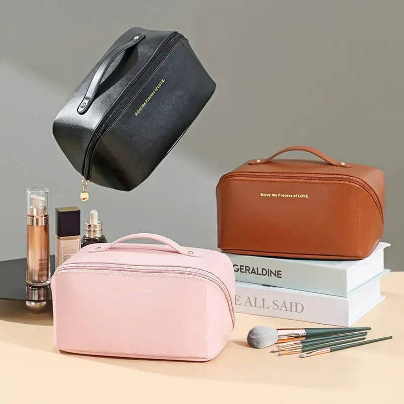 Large Capacity Travel Cosmetic Bag | Leather Material | Zipper Closure | Makeup & Toiletry Organizer ~ Synthetic leather