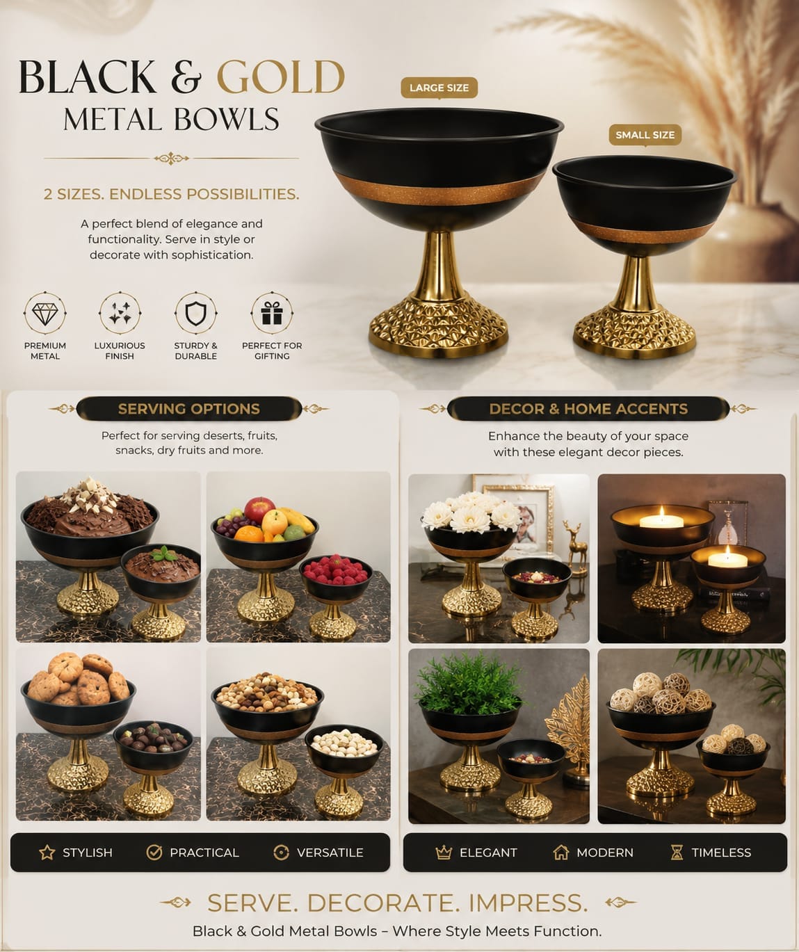 Luxury Metal Decorative Bowl Black & Gold Finish | Premium Centerpiece Bowl for Home Decor, Dining Table & Gift Use | Size 25x25x25cm