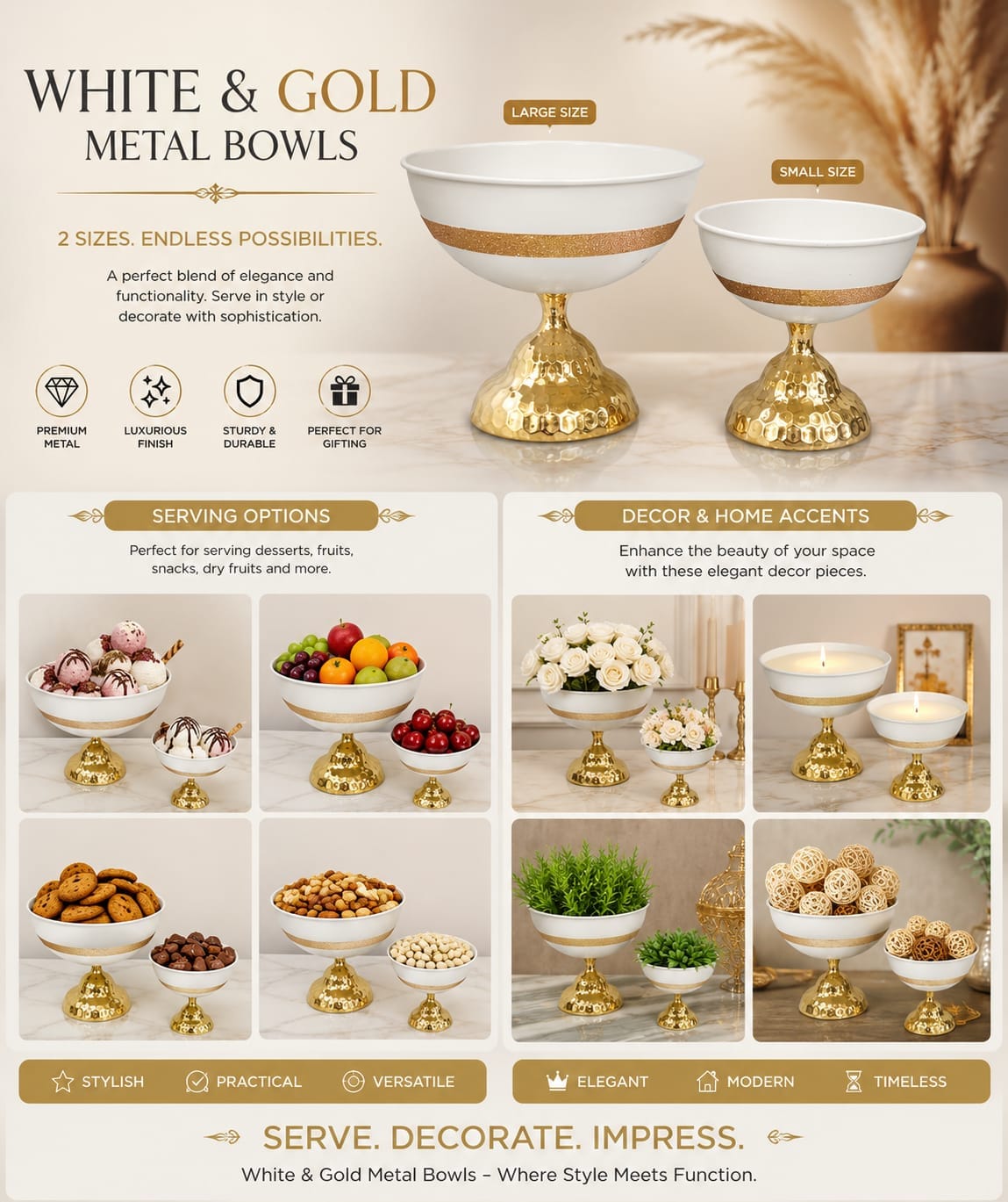 Luxury Metal Decorative Bowl White & Gold Finish | Premium Centerpiece Bowl for Home Decor, Dining Table & Gift Use | Size 25x25x25cm
