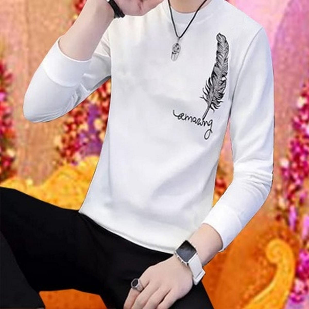 Men's Stylish Leaf Print Full Sleeves T-Shirt - Latest Designer Summer Collection | Premium Stitched Party & Casual Wear for Him - White