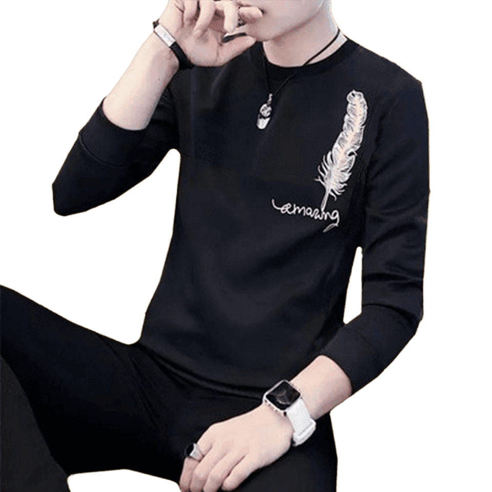 New Collection: Men's Stylish Print Full Sleeves T-Shirt - Premium Quality & Fashionable Design for a Smart Look | Black Leaf Print T-Shirt
