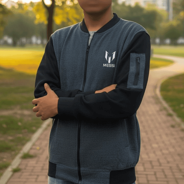 New Winter Collection Charcoal Grey Messi Printed Zipper Jacket for Men & Boys – Premium French Fleece, Smart Fit, Stylish & Comfortable Winter Wear