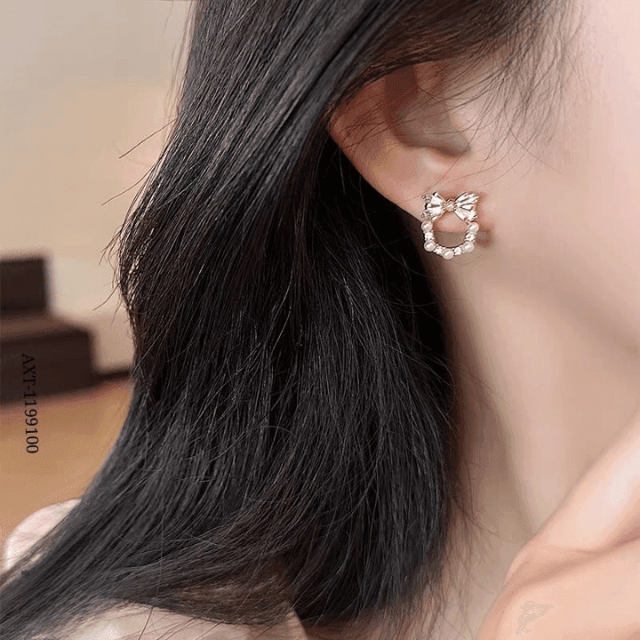 Pearl Bow Korean Zircon Earrings for Women – Elegant Bowknot Design with Sparkling Zircon and Pearl Accents | Premium Golden and Silver Fashion Jewelry for Weddings, Parties, and Everyday Wear | AXT-100