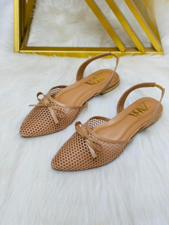Pointed-Toe Mesh Slingback Flats with Bow