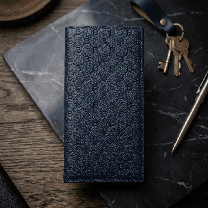 Premium Embossed Monogram Leather Long Wallet – Luxury Bi-Fold Business Clutch & Card Organizer for Men