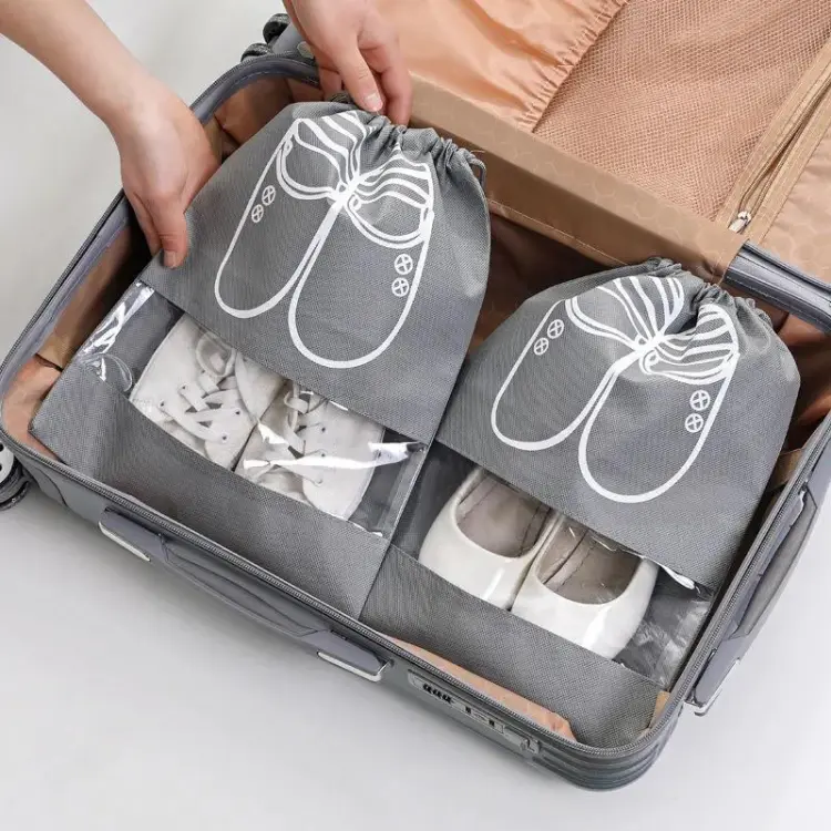 Shoe Storage Bag Dust-proof Waterproof Transparent Non Woven Fabric Shoe Tote Drawstring Packaging Organizer For Travel