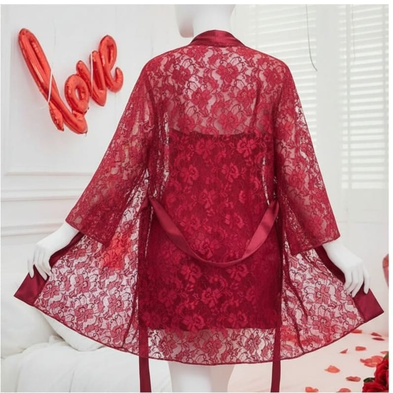 Soft Lace Robe & Silk Inner – 2 Piece Transparent Net Gown Set | Free Size (Fits Up to 38” Chest)
