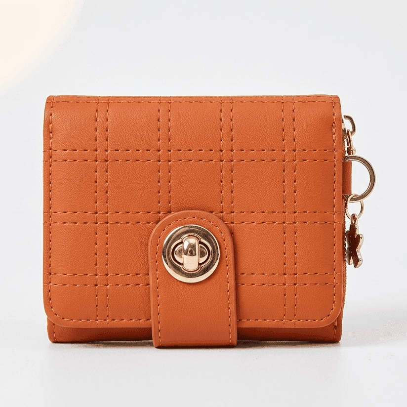 Stylish Compact Check Pattern PU Leather Wallet with Metal Button Closure
