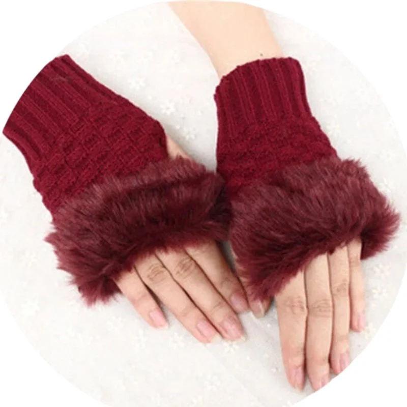 Women’s Faux Fur Fingerless Knitted Gloves | Warm Winter Hand Wrist Warmers | Soft, Stylish & Comfortable | Maroon