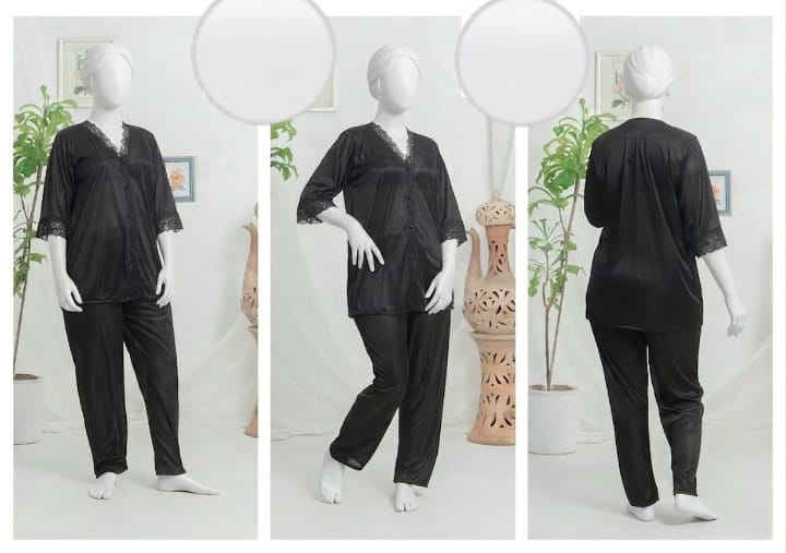 Women’s Luxury Silk Satin Pajama Set with Elegant Lace Trim SKU R-010 Free Size